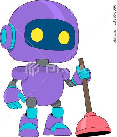 Cute Futuristic AI Robot Plumber Holding a Plunger in Colorful Cartoon Style on Transparent Background 133656966