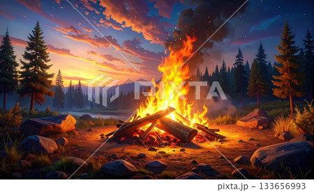 《AI画像》キャンプでの焚き火 133656993