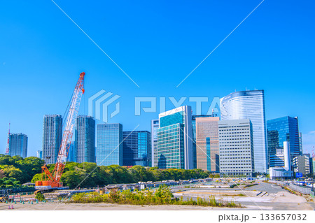 日本の東京都市景観 汐留のビル群や旧築地市場（6）仮設搬出入路及び荷揚げ桟橋上部工撤去工事などを望む 133657032