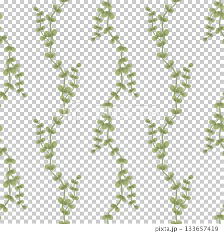 Seamless pattern: green branches, leaves, twigs, grass in pastel colors. Hand-drawn watercolor illustration in a flat, naive style. Element for design: textile, packaging 133657419