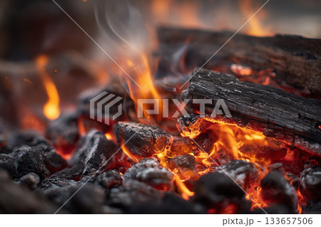 燃える薪と炎 133657506