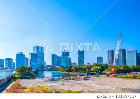 日本の東京都市景観 浜松町や竹芝、旧築地市場（6）仮設搬出入路及び荷揚げ桟橋上部工撤去工事などを望む 133657517