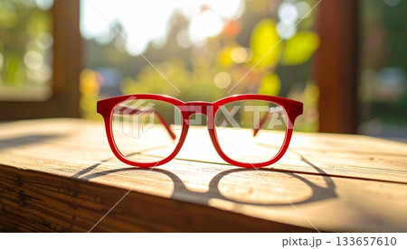 木のテーブルに置かれた赤いメガネが朝の光に照らされて鮮やかに映える構図。 133657610