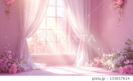 ピンクの壁と白いカーテンのある窓から差し込む朝の光が美しく広がる室内空間。 133657614