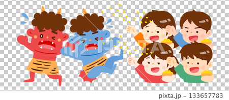 節分時拋豆子的插圖:二月裡可愛的孩子們在戶外驅魔,畫面中有惡魔出沒。 節分時拋豆子的插圖:二月裡可愛的孩子們在戶外驅魔,畫面中有惡魔出沒。 133657783