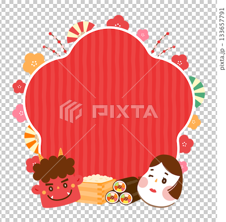 A Japanese-style frame background with a Setsubun ehomaki sushi roll decorated with plum blossoms, demons, and otafuku A Japanese-style frame background with a Setsubun ehomaki sushi roll decorated with plum blossoms, demons, and otafuku 133657791