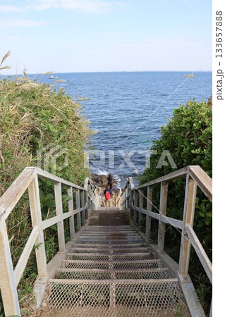 横須賀沖に浮かぶ無人島・猿島 浜辺へと続く階段 横須賀沖に浮かぶ無人島・猿島 浜辺へと続く階段 133657888