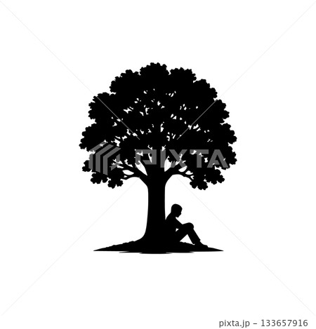 person sitting under tree silhouette isolated on white background relaxation nature concept 133657916