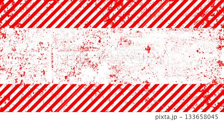 Warning sign with red and white diagonal lines. Attention, danger or caution symbol. Construction site signage, road safety notice, hazard banner, security alert shield. Vector illustration 133658045