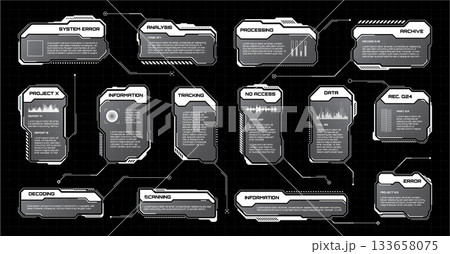 White futuristic HUD, UI elements. Sci-fi user interface text boxes, callouts. Warning message frames, information boxes template. Modern game interface layout in digital style. Vector illustration 133658075