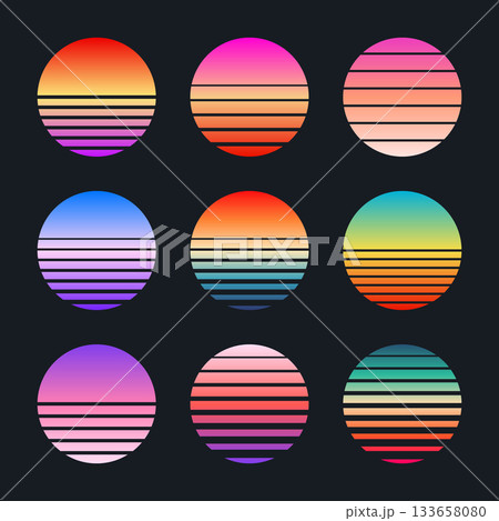 Vintage colorful sunset. Striped gradient sunrise badges in 80s and 90s style. Sun and ocean view, summer vibes, surfing. Design element for print, logo or t-shirt. Vector illustration Vintage colorful sunset. Striped gradient sunrise badges in 80s and 90s style. Sun and ocean view, summer vibes, surfing. Design element for print, logo or t-shirt. Vector illustration 133658080