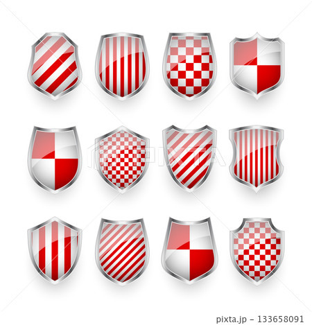 Glossy shields with red and black white. Security and protection concept. Cyber safety icons, internet privacy, web defense, digital data protection and antivirus themes. Vector illustration Glossy shields with red and black white. Security and protection concept. Cyber safety icons, internet privacy, web defense, digital data protection and antivirus themes. Vector illustration 133658091