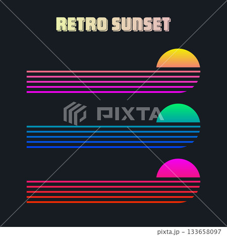 Vintage colorful sunset. Various gradient striped sunrise badges in 80s and 90s style. Sun and ocean view, summer vibes, surfing. Design element for print, logo or t-shirt. Vector illustration 133658097