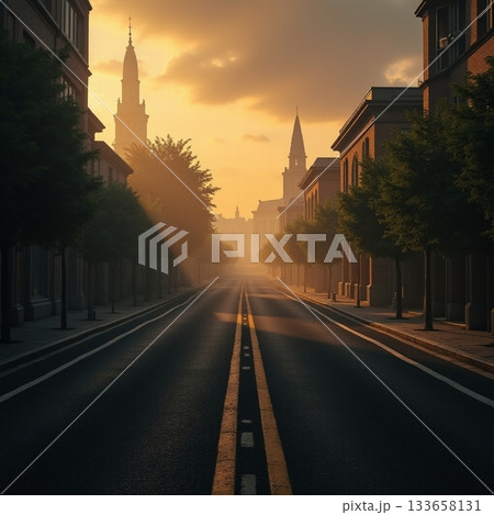 Sunrise over empty street with historical...のイラスト素材 [133658131] - PIXTA