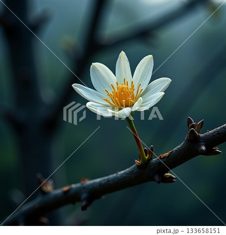 Beautiful white flower blooming on a slender branch Generative AI Beautiful white flower blooming on a slender branch Generative AI 133658151