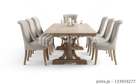 A wooden dining table with eight chairs around it 133658277