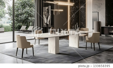 A large white dining table with four chairs around it 133658395