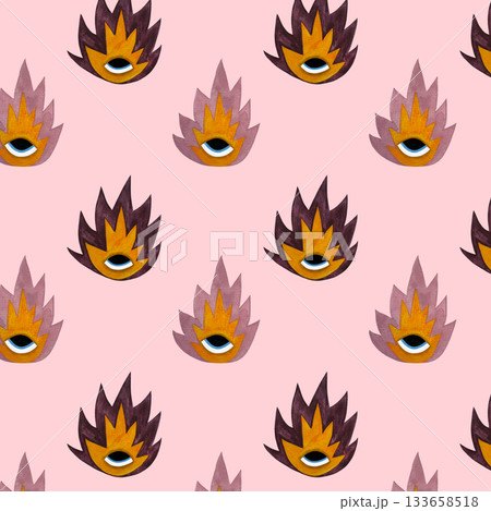 Playful watercolor seamless pattern with stylized burgundy and pink flames, all featuring charming expressive eyes, scattered on a soft light pink background. 133658518