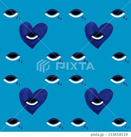Whimsical watercolor seamless pattern featuring charming blue hearts with expressive eyes, all playfully scattered across a soft blue background. 133658519