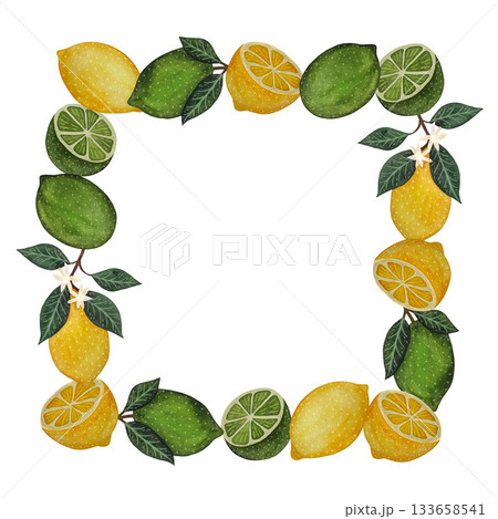 Vibrant watercolor square frame with yellow lemons, green limes, and slices on a crisp white background. Vibrant watercolor square frame with yellow lemons, green limes, and slices on a crisp white background. 133658541