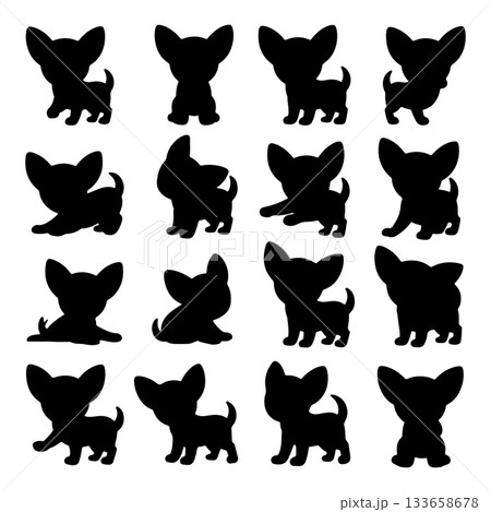 Different poses of playful chihuahuas showcased in black silhouette style against a white background 133658678