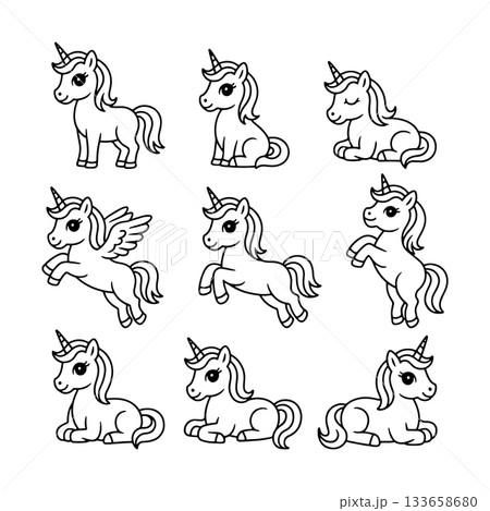 Playful and whimsical unicorn illustrations in various poses on a simple white background 133658680