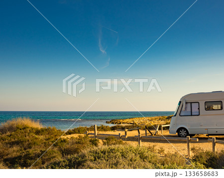 Camper car on beach, camping on nature 133658683