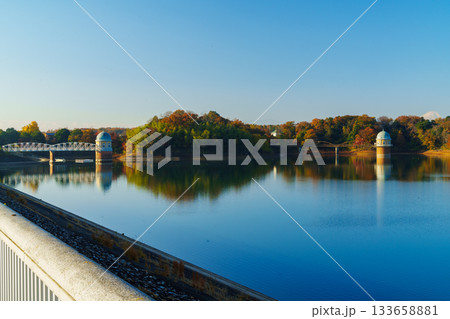 多摩湖の取水塔と紅葉 多摩湖の取水塔と紅葉 133658881