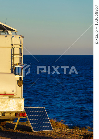 Solar photovoltaic panel at camper vehicle Solar photovoltaic panel at camper vehicle 133658957