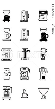 Coffee Machine Icon Set: Black and White Vector Graphics of Various Coffee Makers and Brewing Tools 133659111