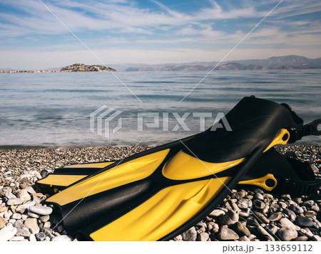 Flippers swimming equipment on beach 133659112