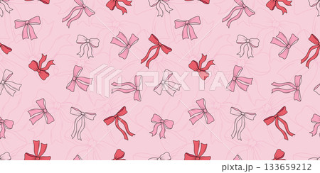 Bows and ribbons are a seamless pattern. Vector illustration of hair ornaments, gift wrappers, festive background. 133659212