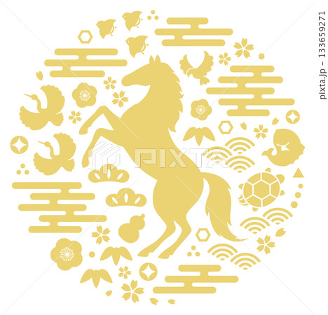 午年の馬と縁起物の年賀状素材01 133659271