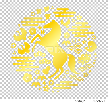 馬年新年賀卡素材和幸運符,金色 馬年新年賀卡素材和幸運符,金色 133659274