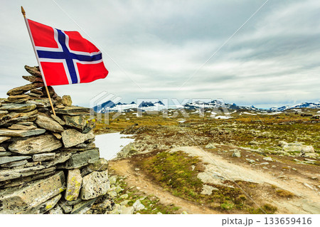 Stone stack with norwegian flag Stone stack with norwegian flag 133659416