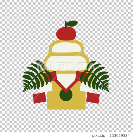 新年裝飾：鏡餅。復古色彩的雙層年糕插圖，三面分別飾有浦白、大王、禦兵衛和四穗子。 133659524