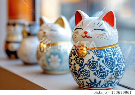 Maneki Neko figurines displayed on a windowsill during daylight, showcasing intricate designs and vibrant colors in a modern setting 133659961