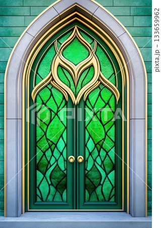 A stunning decorative door featuring intricate green glass patterns and elegant golden accents located in a charming architectural setting A stunning decorative door featuring intricate green glass patterns and elegant golden accents located in a charming architectural setting 133659962