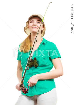 Woman with fishing rod, spinning equipment Woman with fishing rod, spinning equipment 133660332
