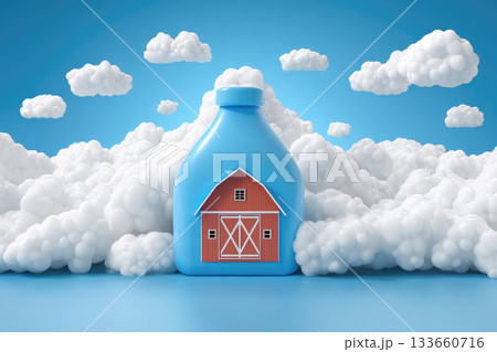 Minimalist surreal illustration features floating blue milk bottle with red barn design, surrounded by fluffy white clouds against vibrant blue sky, evoking whimsical and dreamy mood 133660716