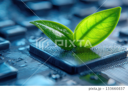 Green leaf on microchip, symbolizing eco friendly technology, sustainability, innovation, and environmental responsibility in electronics, with focus on clean energy and modern design 133660837