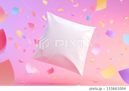 Minimal modern surreal composition of blank white food pack floating among colorful confetti on pink gradient background, playful and vibrant atmosphere Minimal modern surreal composition of blank white food pack floating among colorful confetti on pink gradient background, playful and vibrant atmosphere 133661004