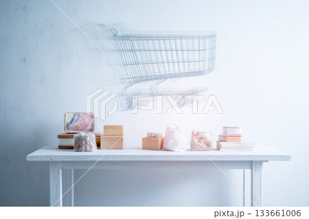Minimal modern surreal composition with transparent shopping cart sketch above white table, various packaged food, cheese, and deli items, evoking fresh and creative grocery shopping concept Minimal modern surreal composition with transparent shopping cart sketch above white table, various packaged food, cheese, and deli items, evoking fresh and creative grocery shopping concept 133661006