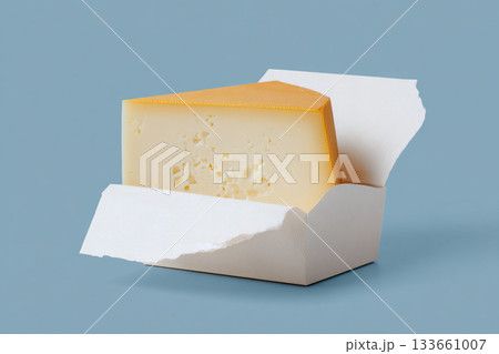 Wedge cheese dairy yellow minimal modern surreal food snack isolated blue background open packaging fresh delicious texture gourmet nutrition appetizer slice soft creamy simple clean elegant 133661007