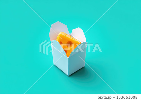 Cheese wedge minimal modern surreal food packaging blue background creative dairy snack playful concept isolated geometric vibrant art design yellow box unique abstract clean fresh lunch unusual 133661008
