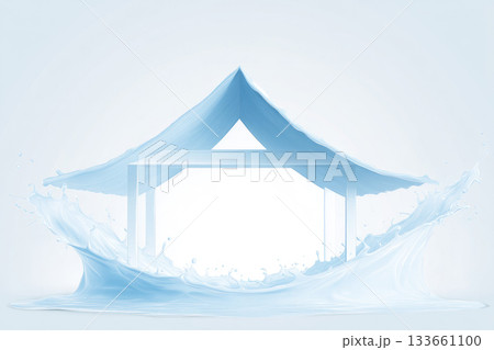 Modern minimalist surreal illustration of milk splash forming house shape with table inside, clean white background, creative concept, fresh and dynamic visual, smooth texture 133661100