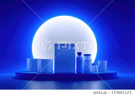 Modern minimalist surreal scene with blank packaging, including pouch, bottle, jar, and boxes, displayed on round platform with vibrant blue lighting and glowing circular backdrop Modern minimalist surreal scene with blank packaging, including pouch, bottle, jar, and boxes, displayed on round platform with vibrant blue lighting and glowing circular backdrop 133661125