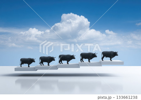Surreal minimalist scene of black cows walking on floating white platforms under blue sky with fluffy clouds, creating calm and imaginative atmosphere 133661238