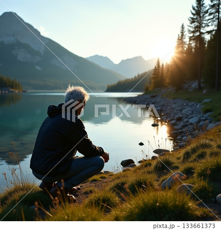 Contemplating nature at a serene lake during...のイラスト素材 [133661373] - PIXTA