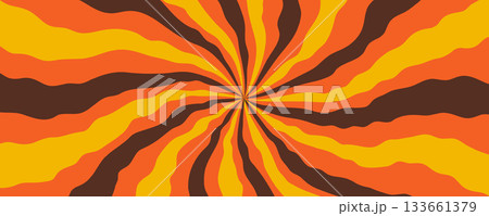 Radial ray background with brown, orange, and yellow wavy sunburst lines in retro style. Radial ray pattern with warm psychedelic motion. Vector illustration. 133661379